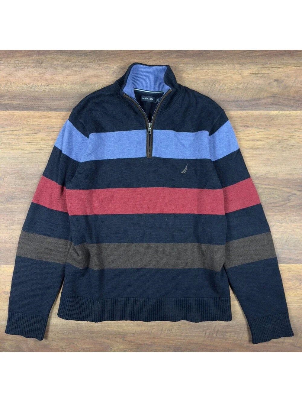 Nautica Striped Quarter Zip Sweater Mens M Navy Blue Red